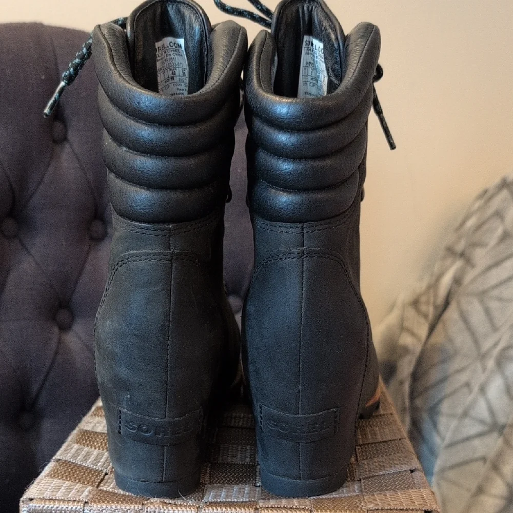 Sorel Black Lace-Up Wedge Boots - Picture 6 of 12